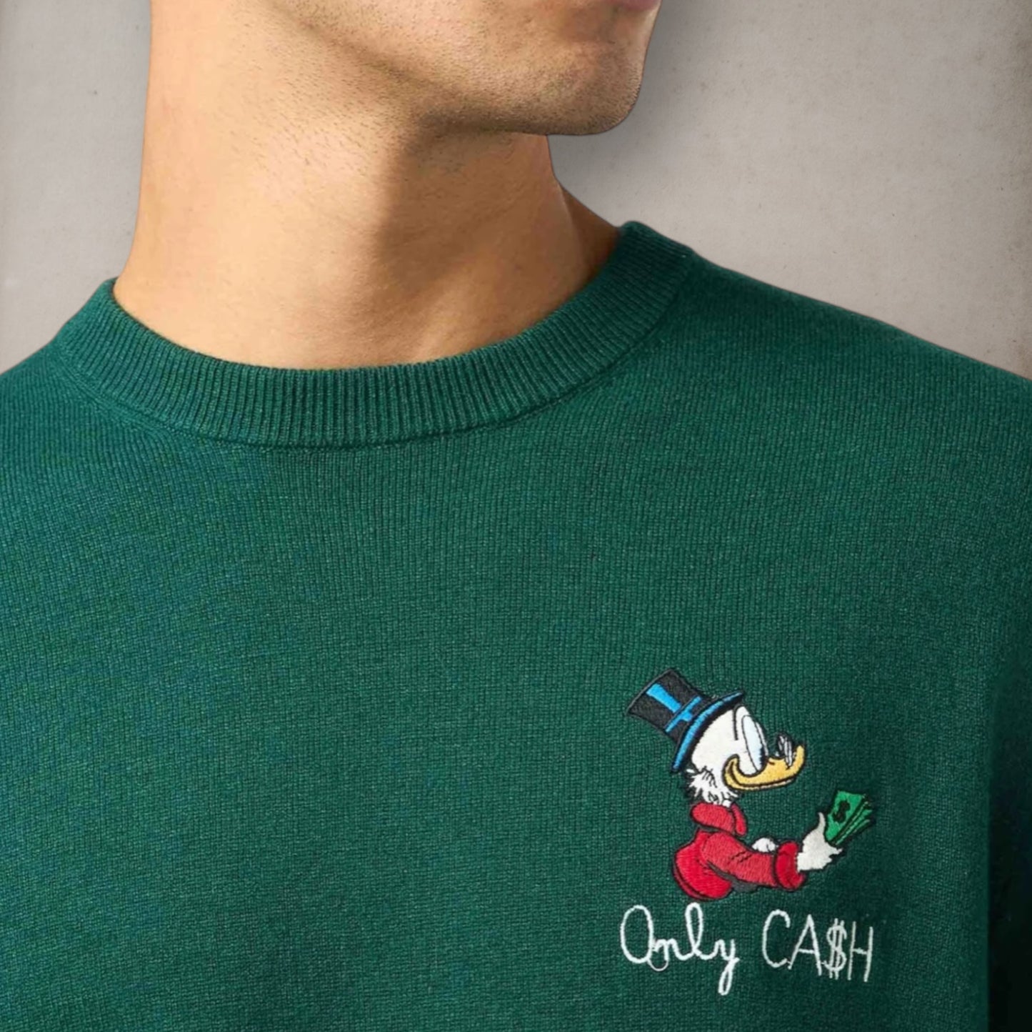 Green Sweater Scrooge Only Cash Embroidery