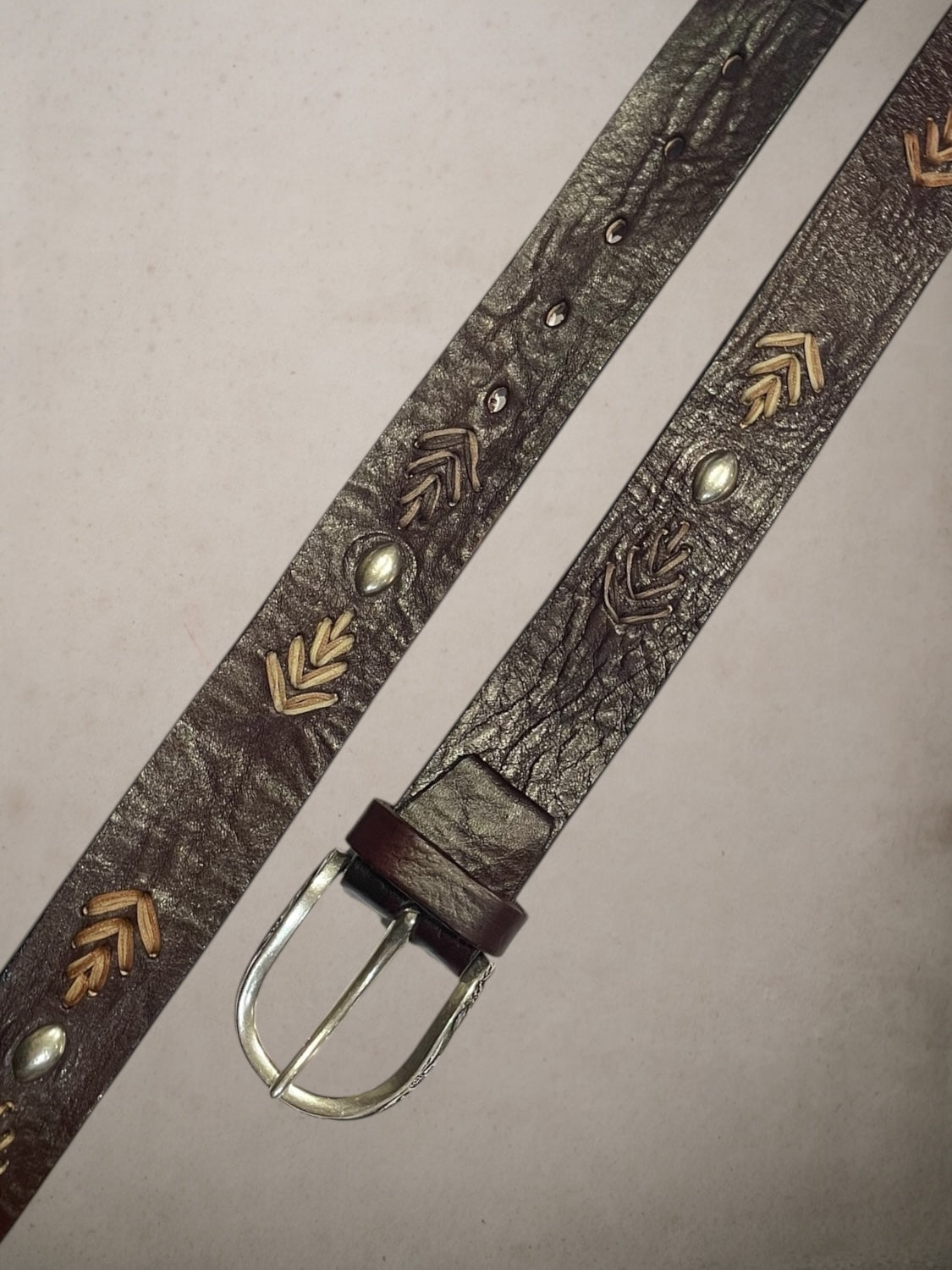 Brown Embroidered Leather Belt adjustable