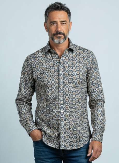 Shirt Navy Warm Cotton Blue Flowers