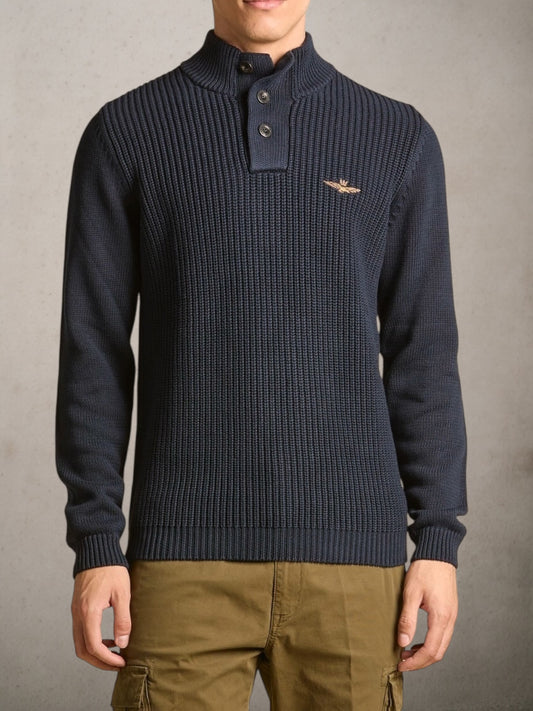 High-neck Sweater With Buttons Dark Blue