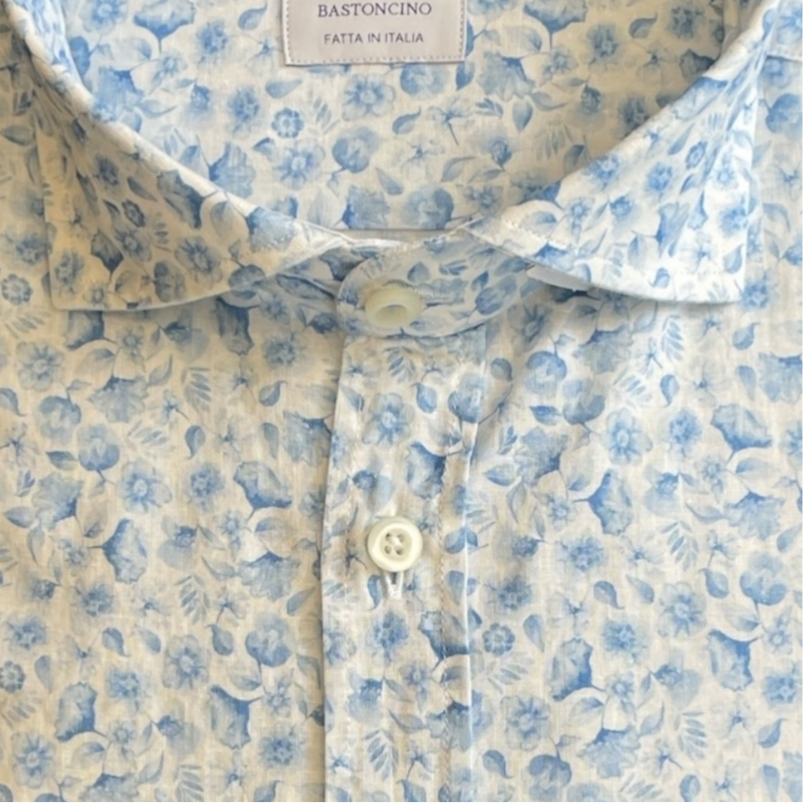 Camicia Micro Fiori Azzurro Lino