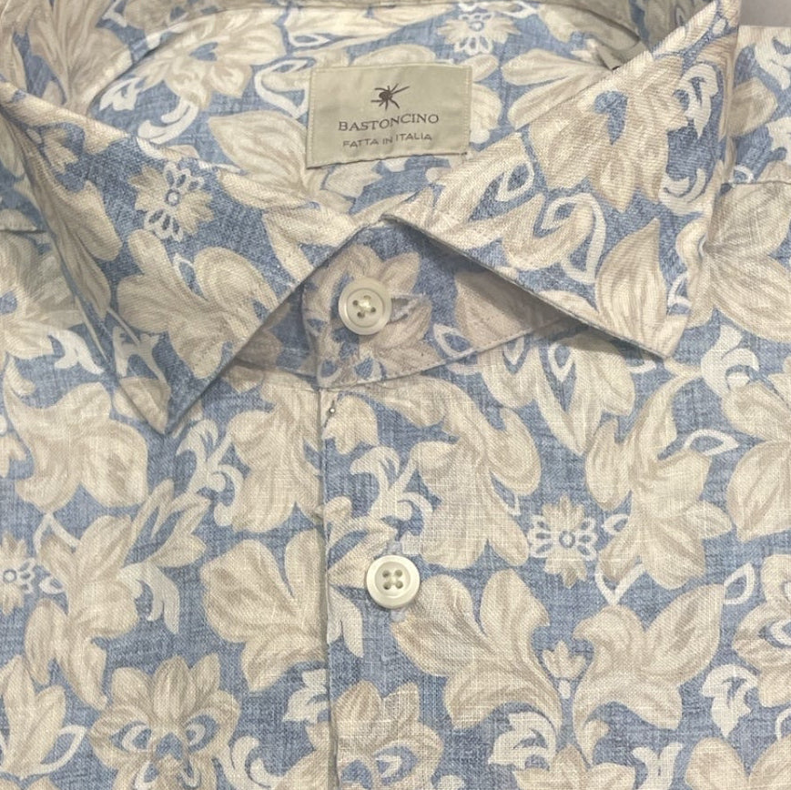 Linen Shirt Sky and Taupe Flowres - Vaturi