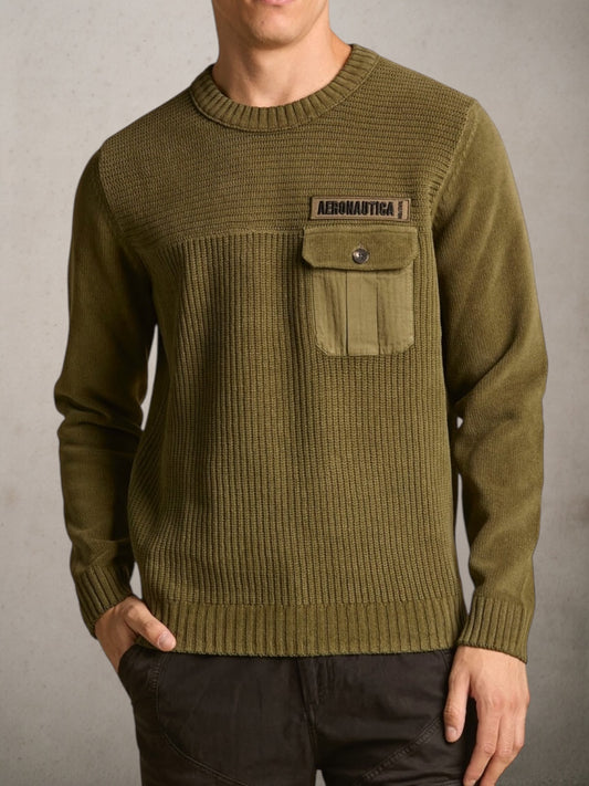 Chenille Sweater With Chest Pocke Dark Olive
