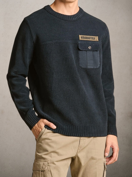 Chenille Sweater With Chest Pocke Navy