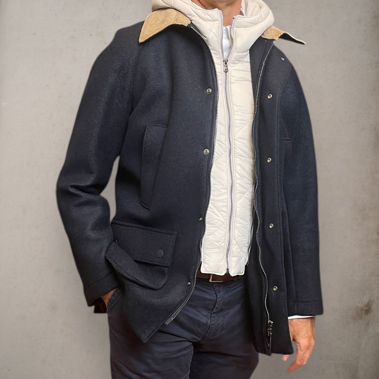 Navy Jacket 4 Pocket With Quilt And Hood