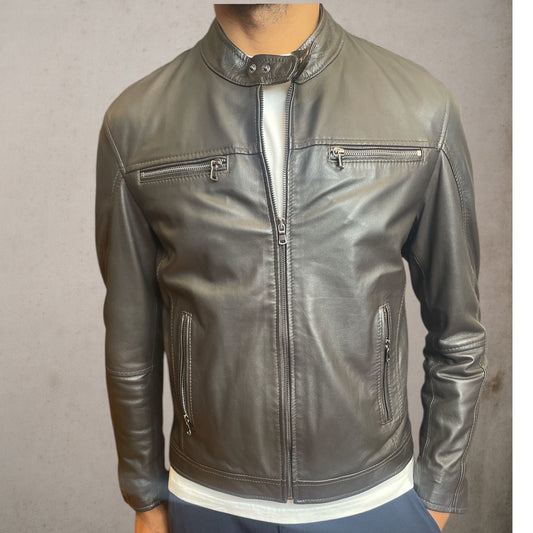 Biker Zip Brown Leather Jacket - Vaturi
