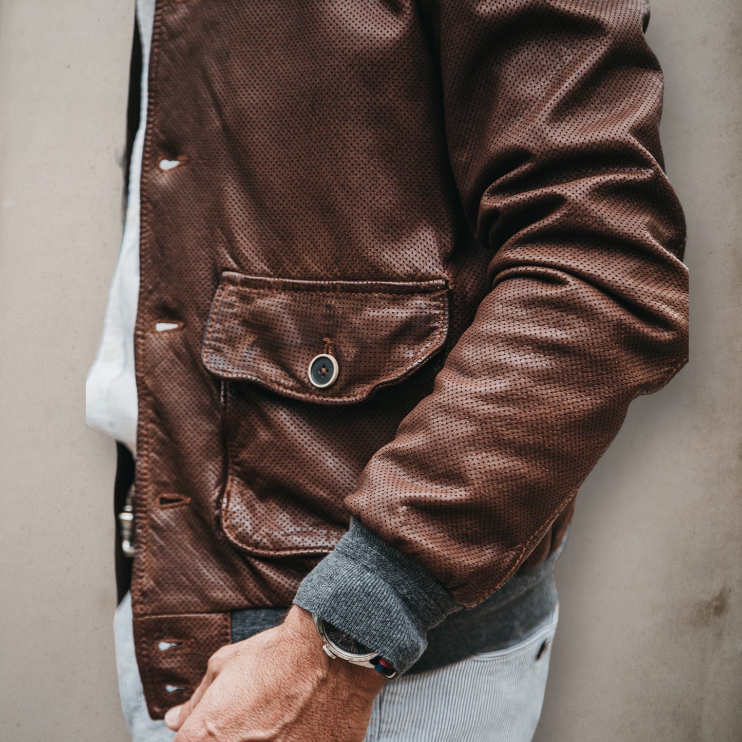 Perforated Leather Bottoms Brown Jacket