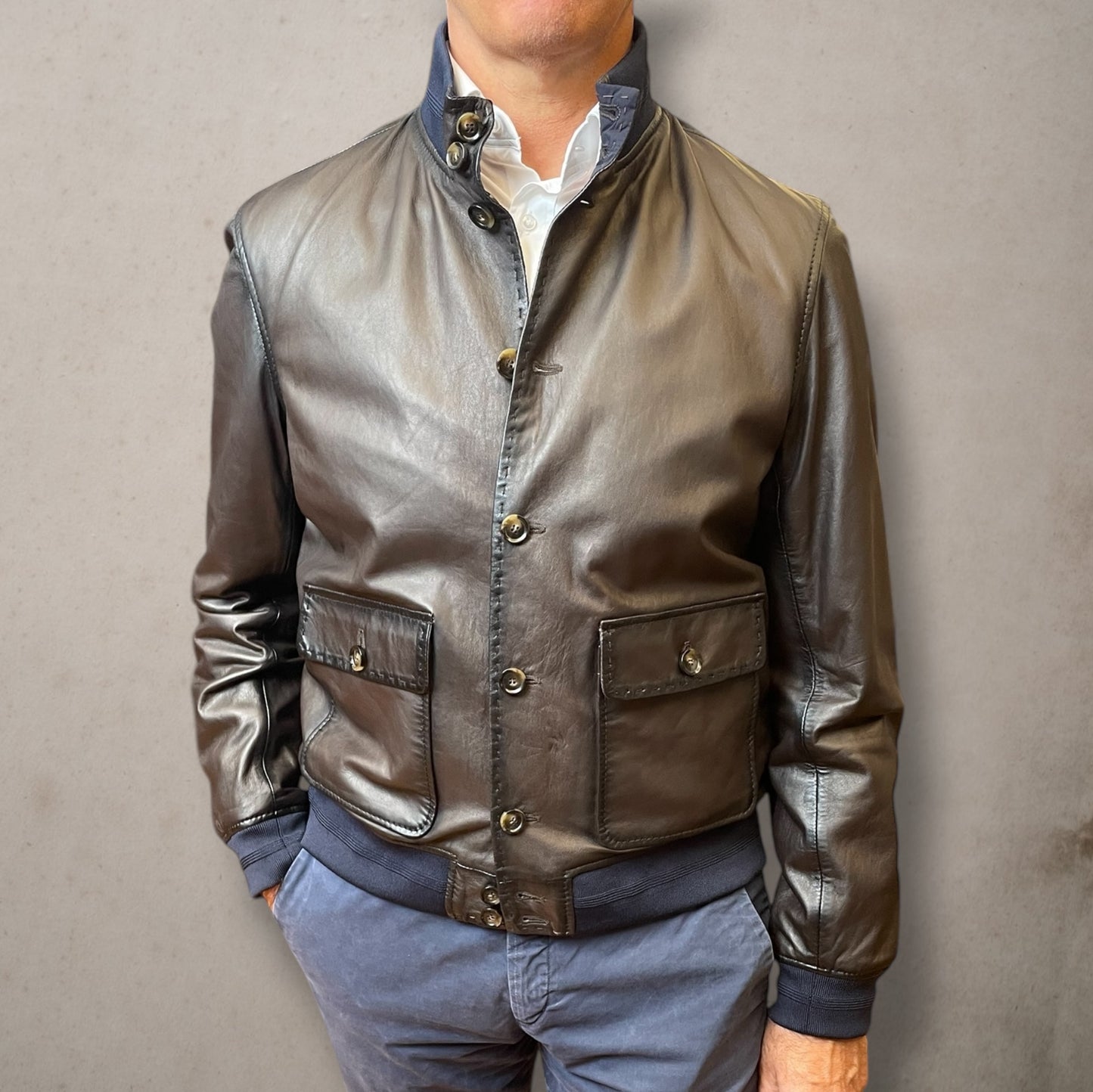 Brown Reversible Stanton Leather Jacket Navy Fabric