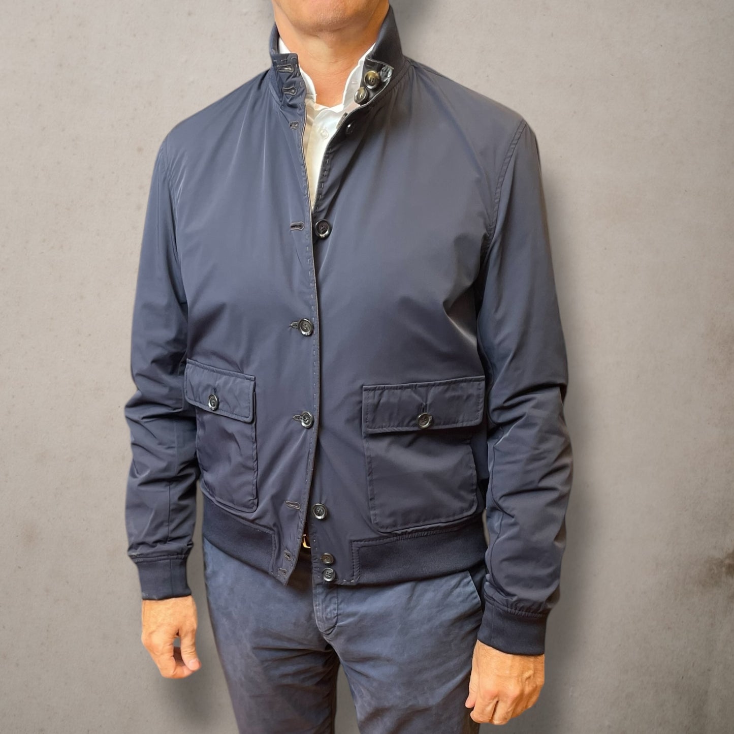 Brown Reversible Stanton Leather Jacket Navy Fabric