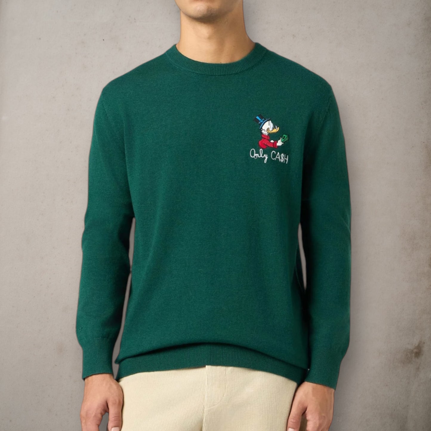 Maglione verde Scrooge solo ricamo in contanti