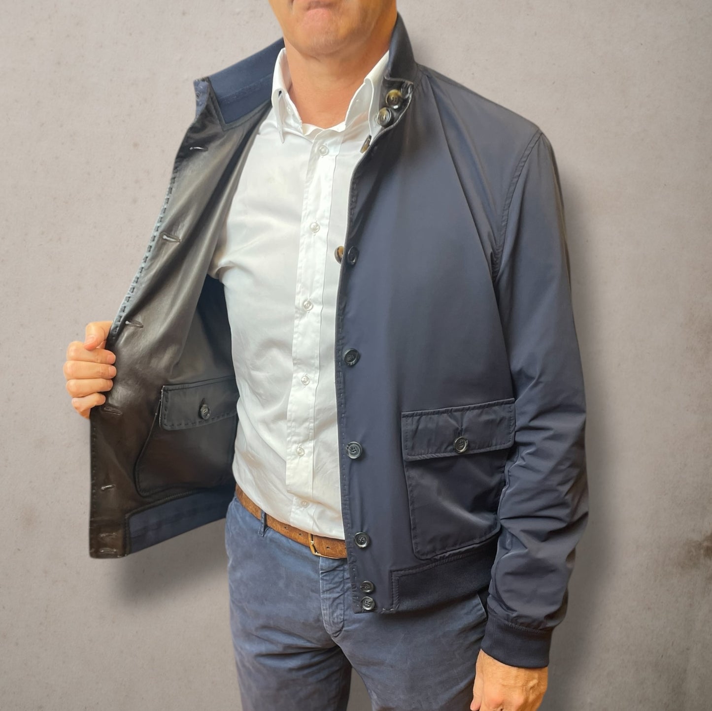 Brown Reversible Stanton Leather Jacket Navy Fabric