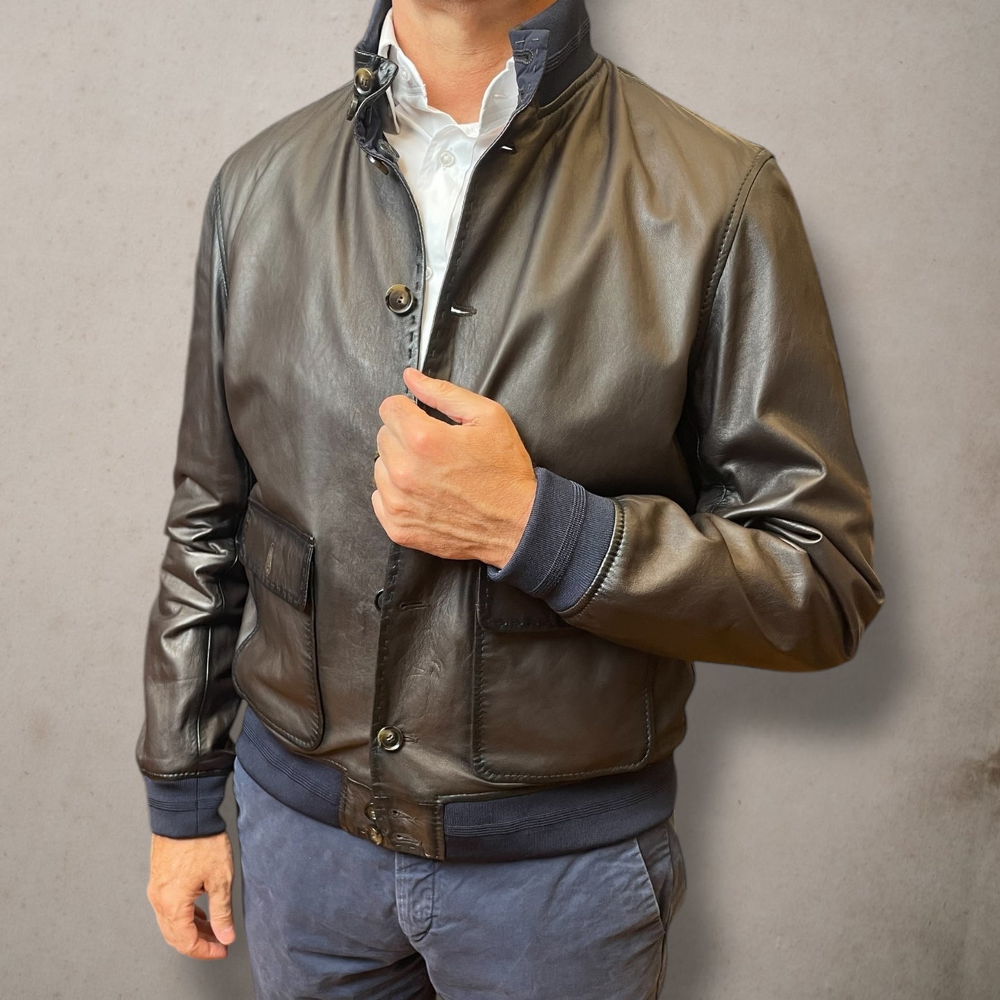 Brown Reversible Stanton Leather Jacket Navy Fabric