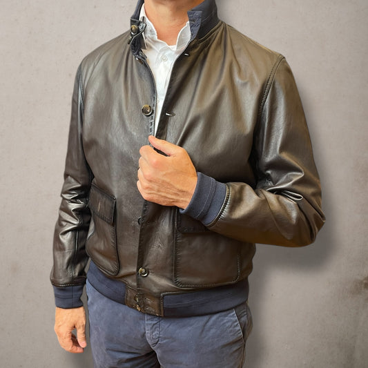Brown Reversible Stanton Leather Jacket Navy Fabric
