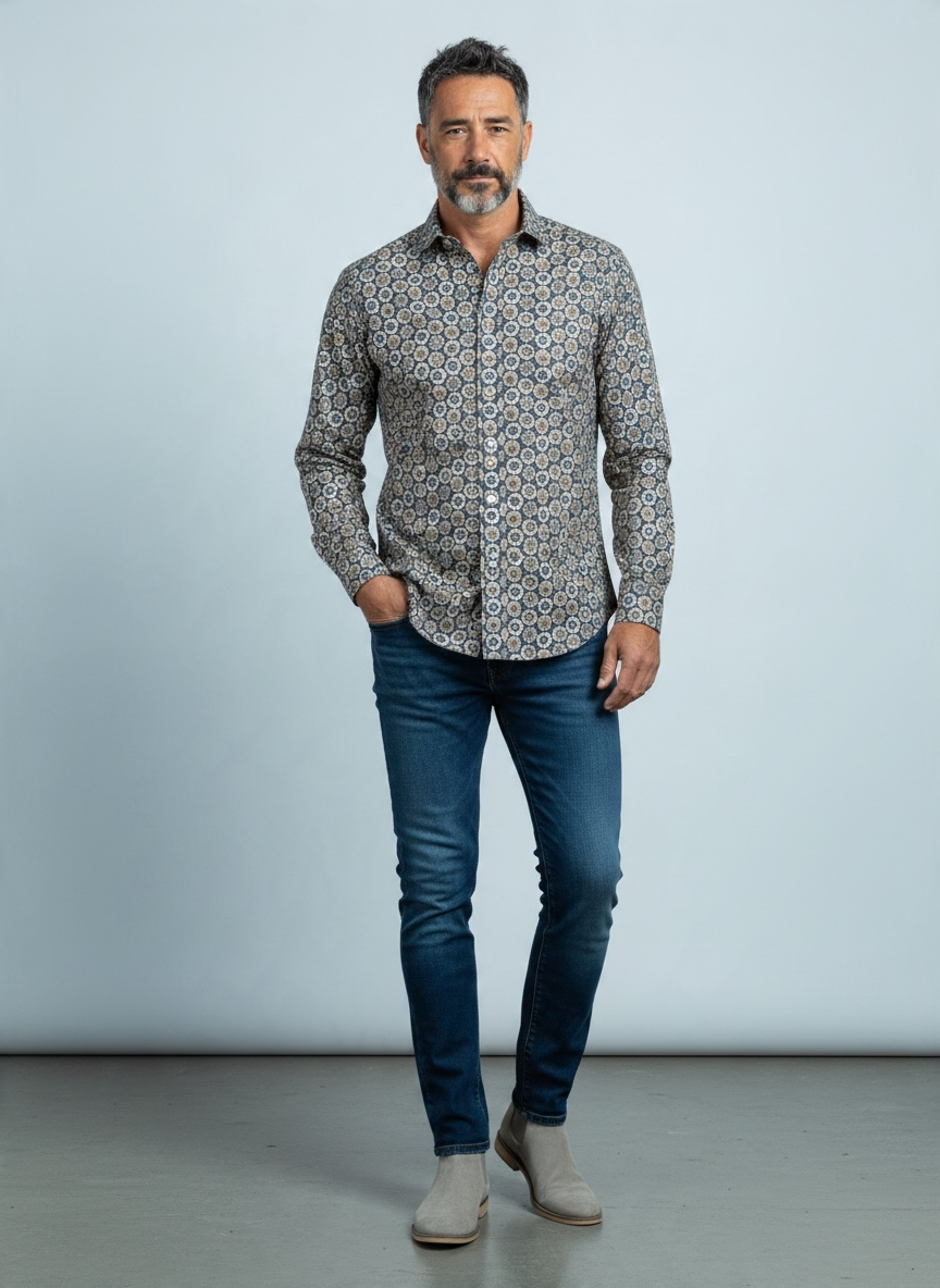 Shirt  Navy Warm Cotton Blue Flowers