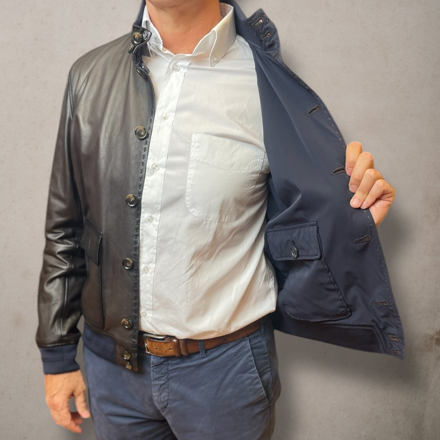 Brown Reversible Stanton Leather Jacket Navy Fabric