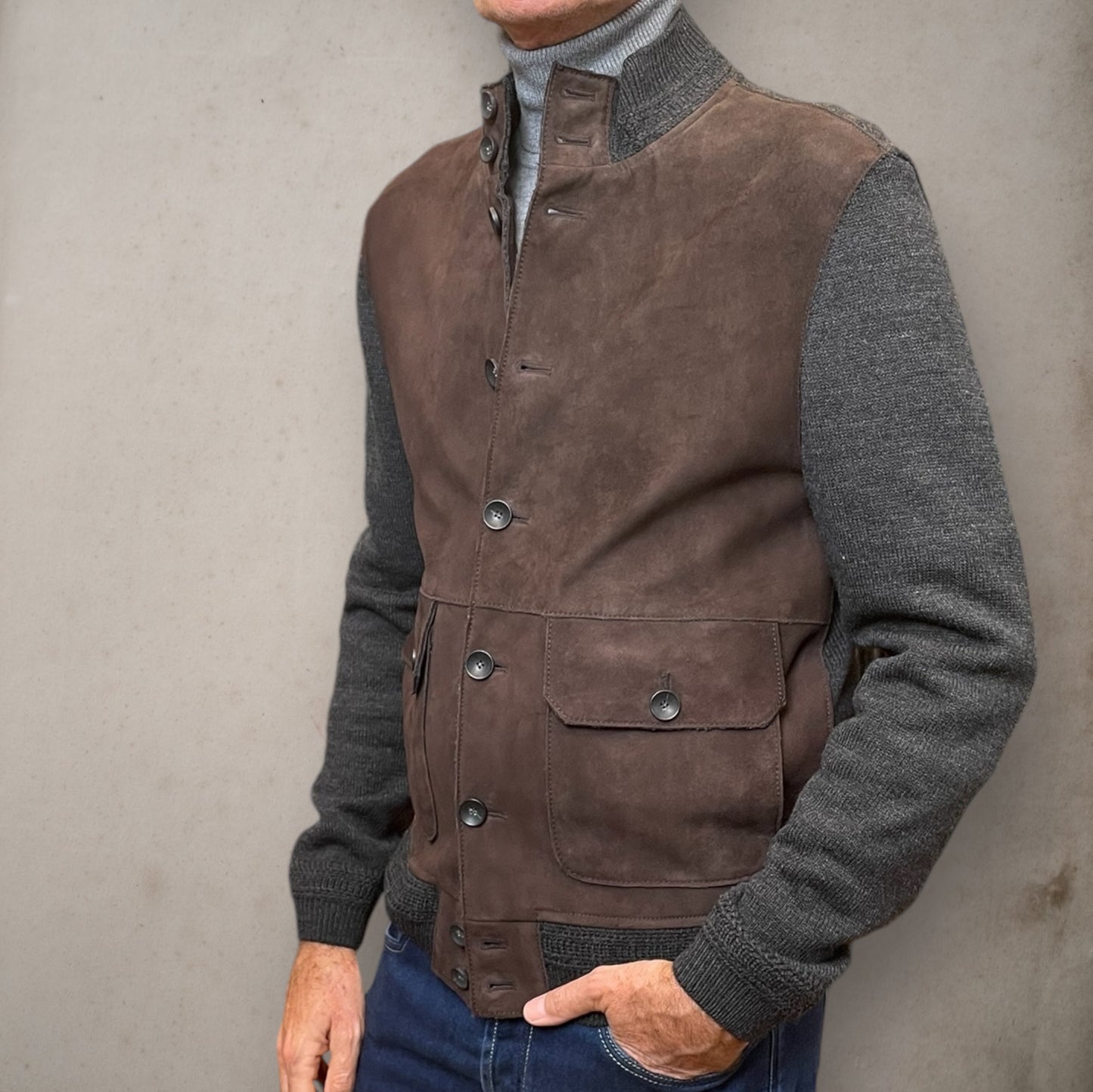 Brown Suede and Grey Fabric Jacket