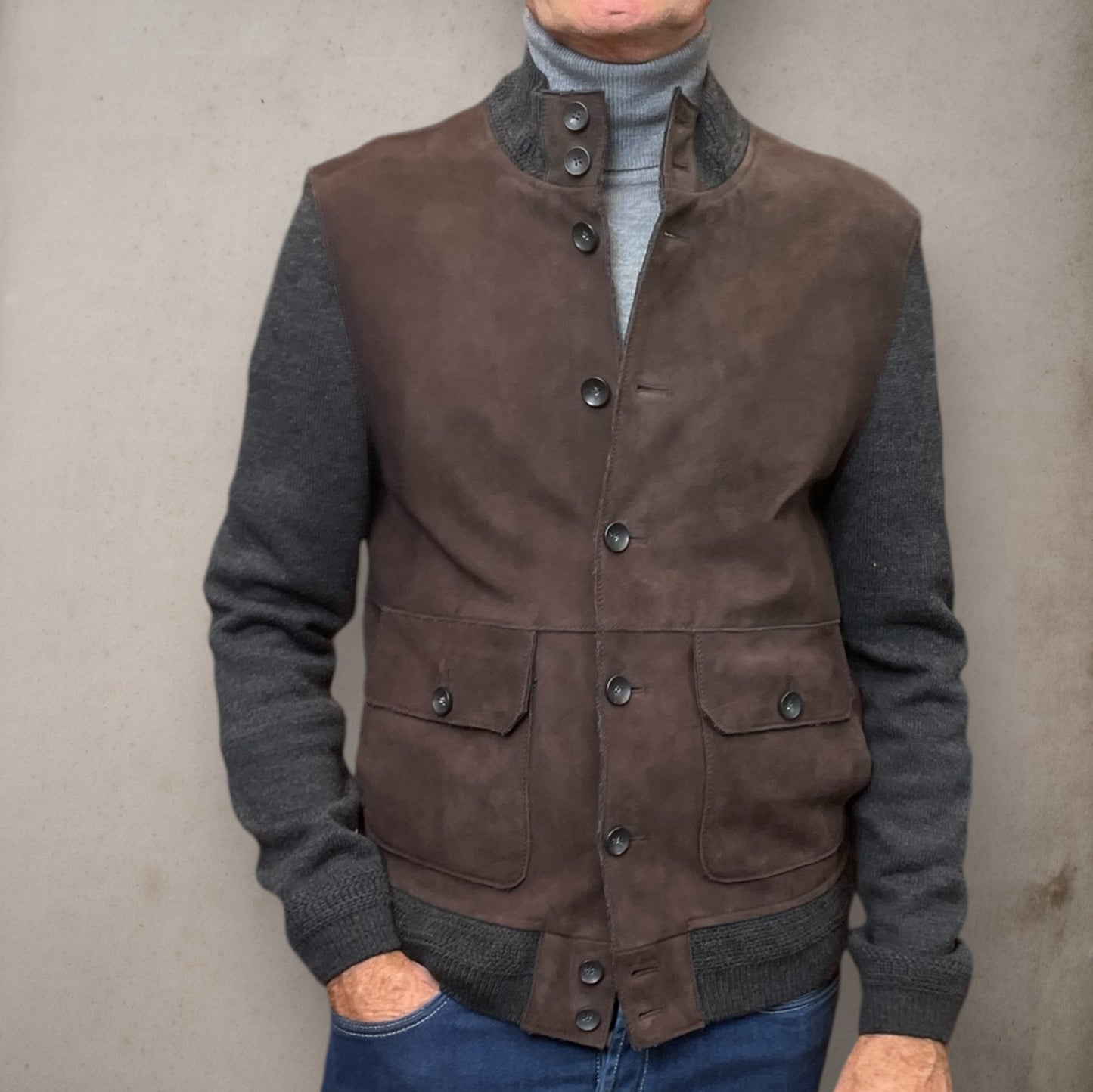 Brown Suede and Grey Fabric Jacket