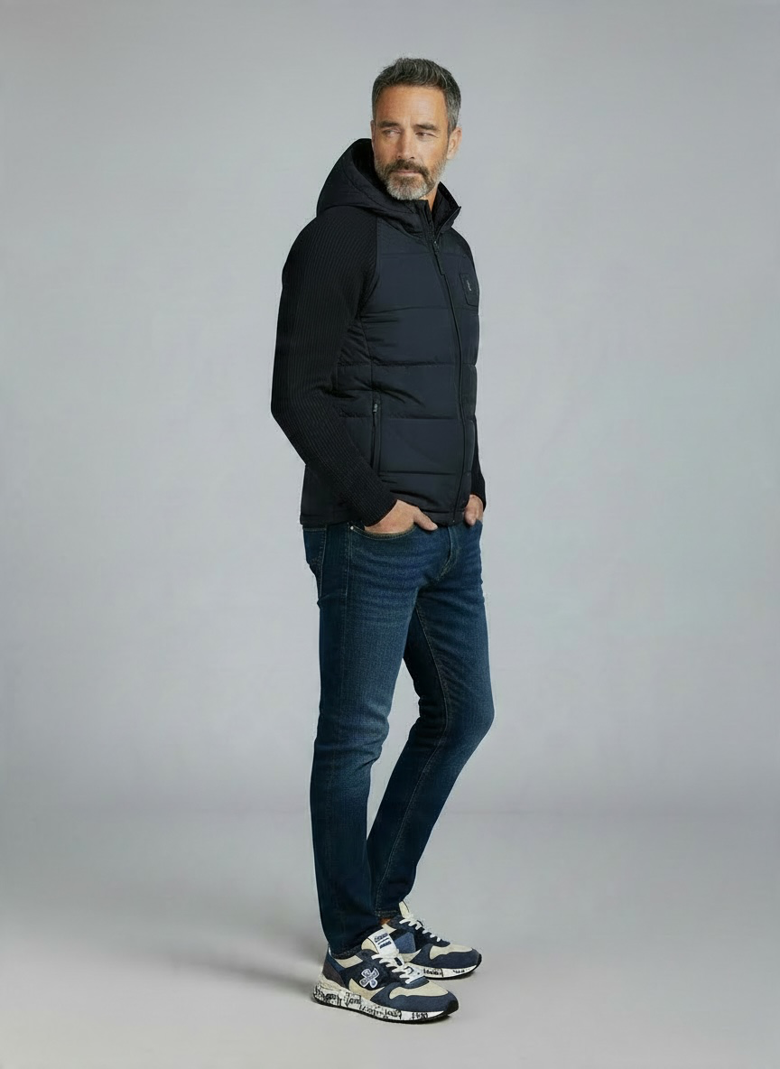 Padded Nylon And Rib-Knit Jacket Navy