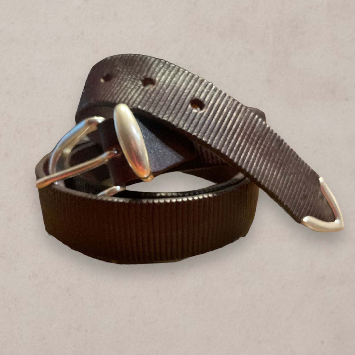 Striped Leather Belt With Metal Finished Toe